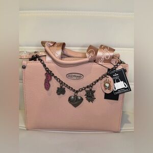 NWT Ed Hardy Pebble Leather Coral Pink/Apricot Satchel with Bag Charms